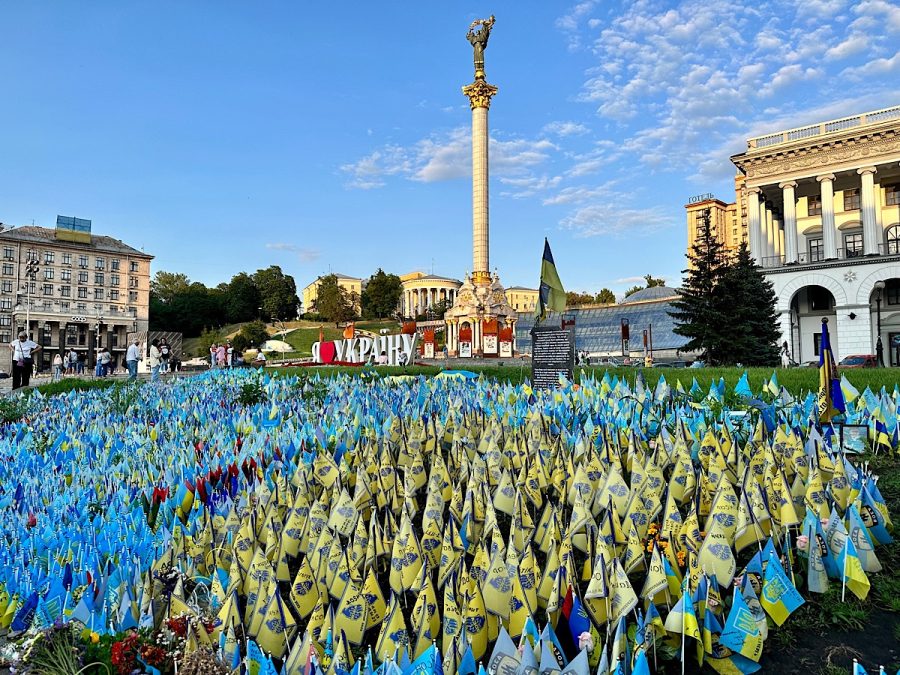 Ukrainian flags symbolising the fallen soldiers in this war