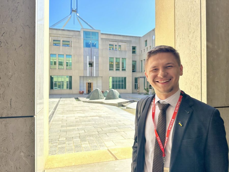 Dr Rudi in front of PM's office, Canberra